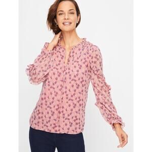 Talbots Womens L Pink Floral Smocked Shoulder Tie Neck Long Sleeve Lined Blouse